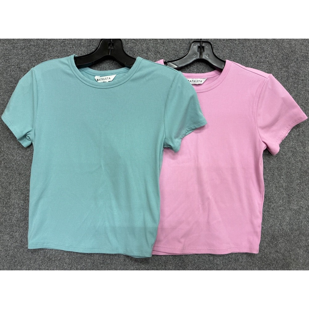 Bundle Athleta Ribbed Short Sleeve T-Shirt Blue Pink Crew Neck Activewear XS